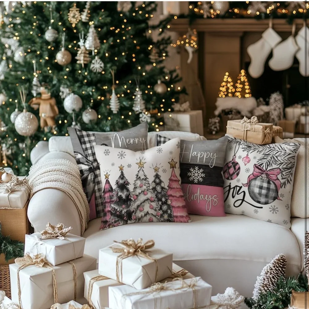 Festive Holiday Throw Pillow Covers Set - Pink, Black, & White Super Cute NEW 💕🩷